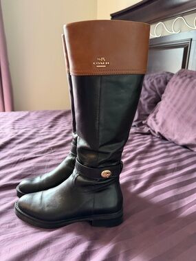 Coach Two-Tone Leather Riding Boots - Black & Brown